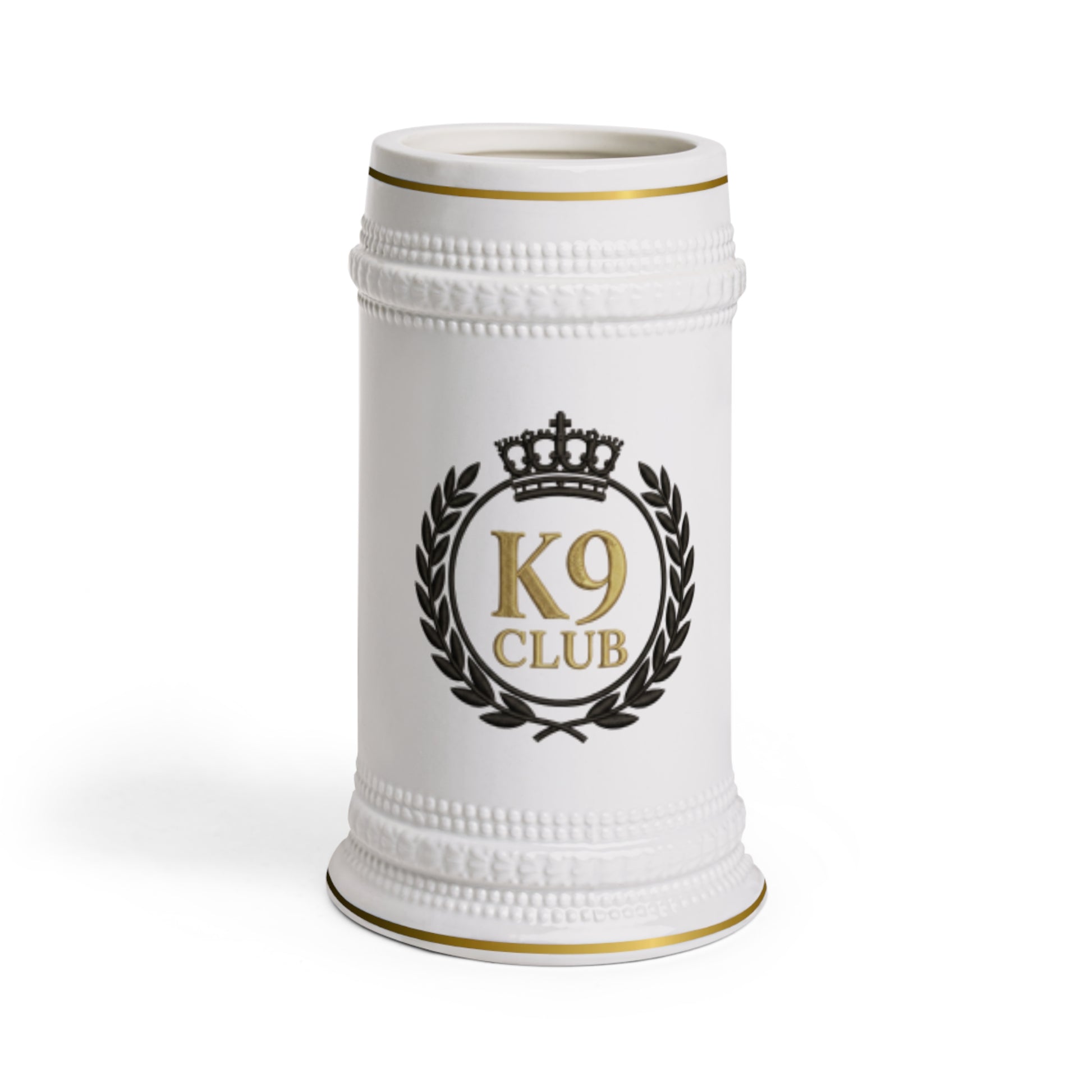 A white ceramic beer stein featuring a black and gold crest with the text 'K9 CLUB' and a crown, set against a plain white background.