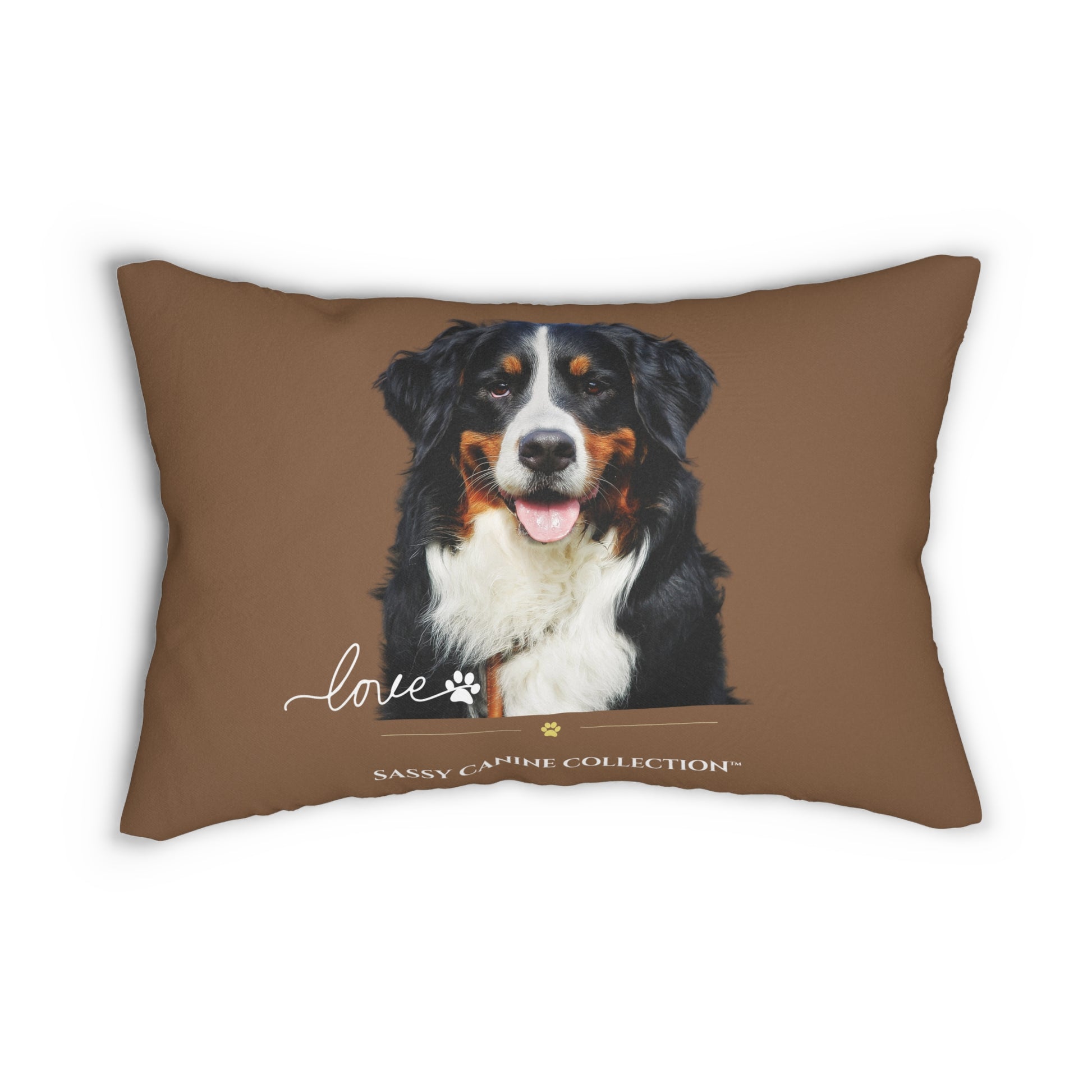 A brown throw lumbar pillow featuring a portrait of a Bernese Mountain Dog with the text 'love' and 'SASSY CANINE COLLECTION'.