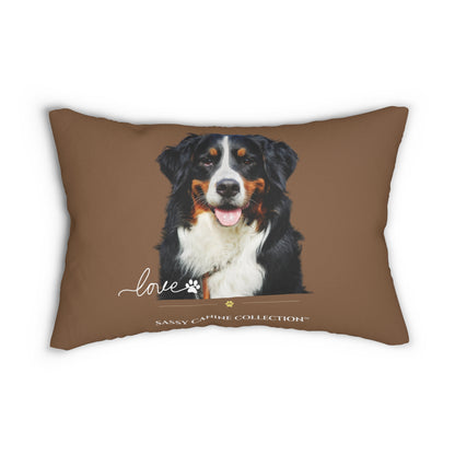 A brown throw lumbar pillow featuring a portrait of a Bernese Mountain Dog with the text 'love' and 'SASSY CANINE COLLECTION'.