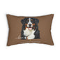 A brown throw lumbar pillow featuring a portrait of a Bernese Mountain Dog with the text 'love' and 'SASSY CANINE COLLECTION'.