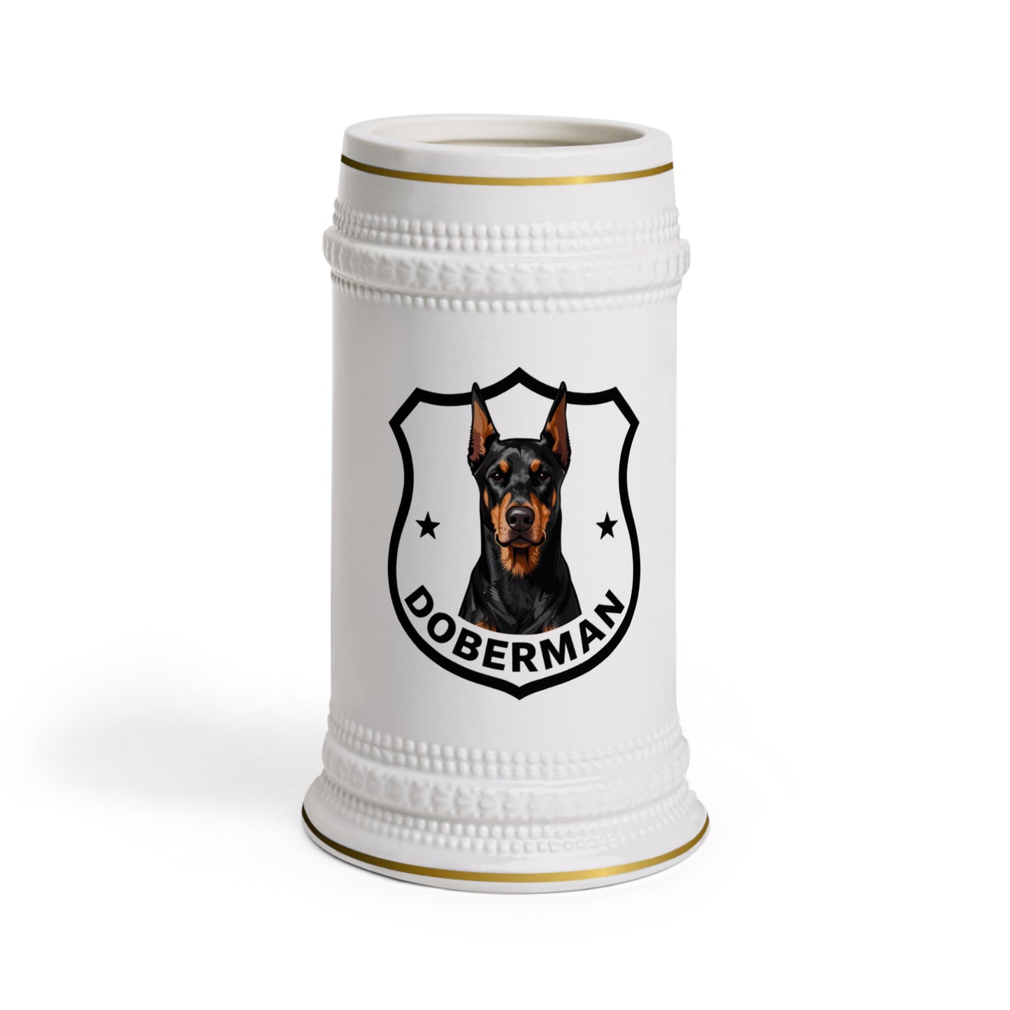 A white ceramic beer stein featuring a printed black and brown Doberman dog crest with the word 'DOBERMAN' on a clean white background.

