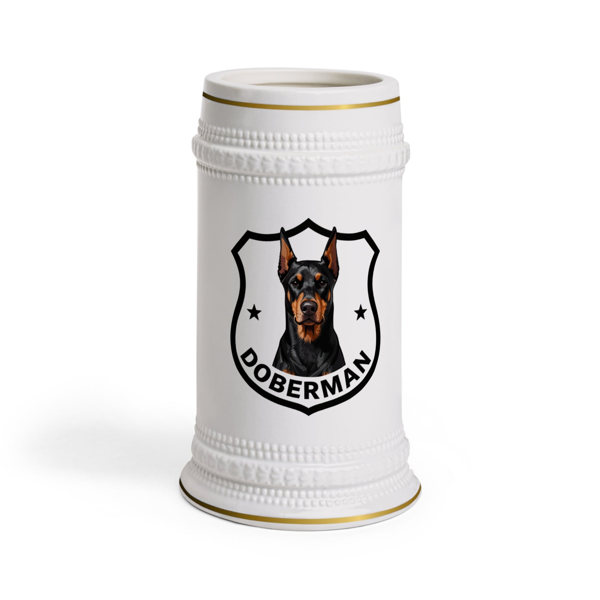 A white ceramic beer stein featuring a printed black and brown Doberman dog crest with the word 'DOBERMAN' on a clean white background.

