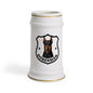 A white ceramic beer stein featuring a printed black and brown Doberman dog crest with the word 'DOBERMAN' on a clean white background.

