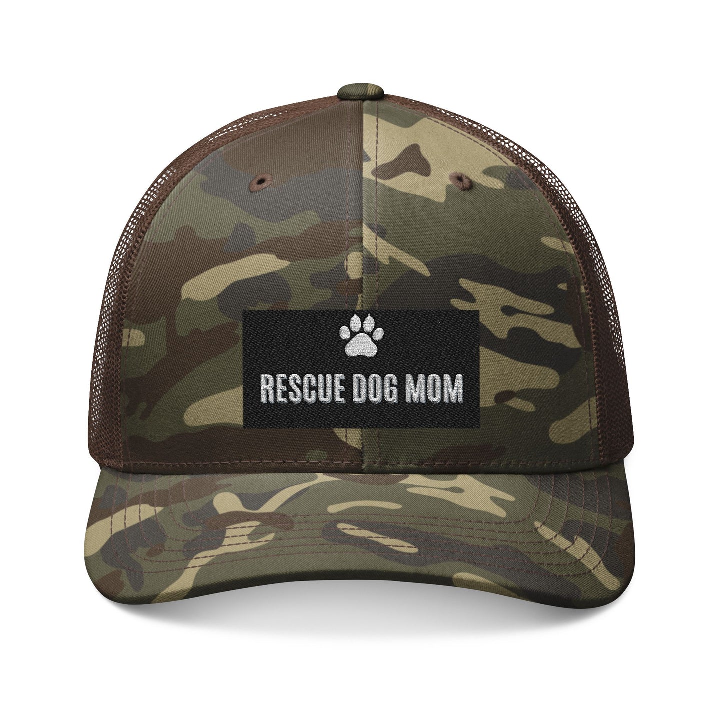 Rescue Dog Mom Camo Trucker Hat — Embroidered Paw Patch Cap