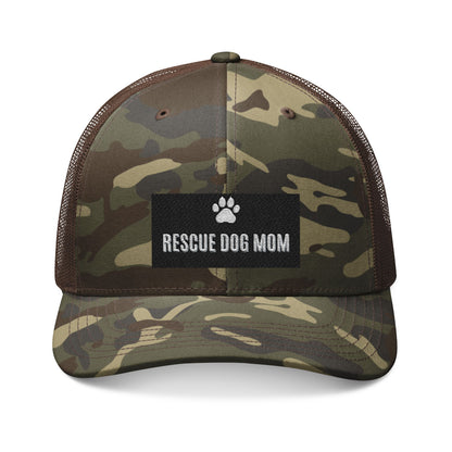 Rescue Dog Mom Camo Trucker Hat — Embroidered Paw Patch Cap