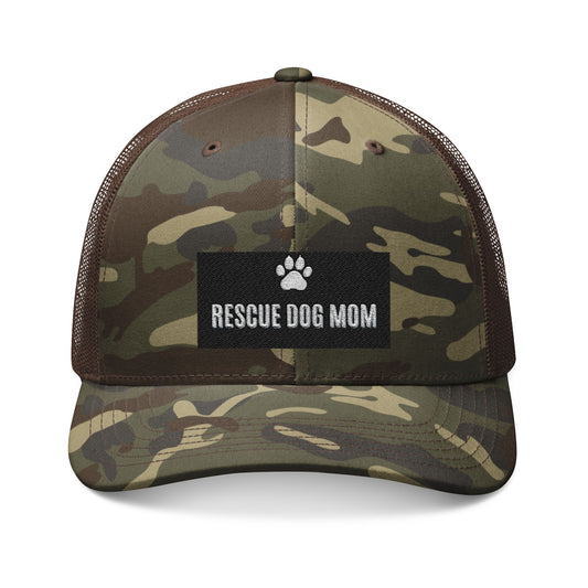 Rescue Dog Mom Camo Trucker Hat — Embroidered Paw Patch Cap