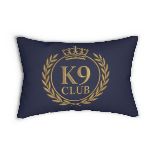  a  navy blue throw pillow featuring a gold emblem with a crown, laurel wreath, and the text 'K9 CLUB'