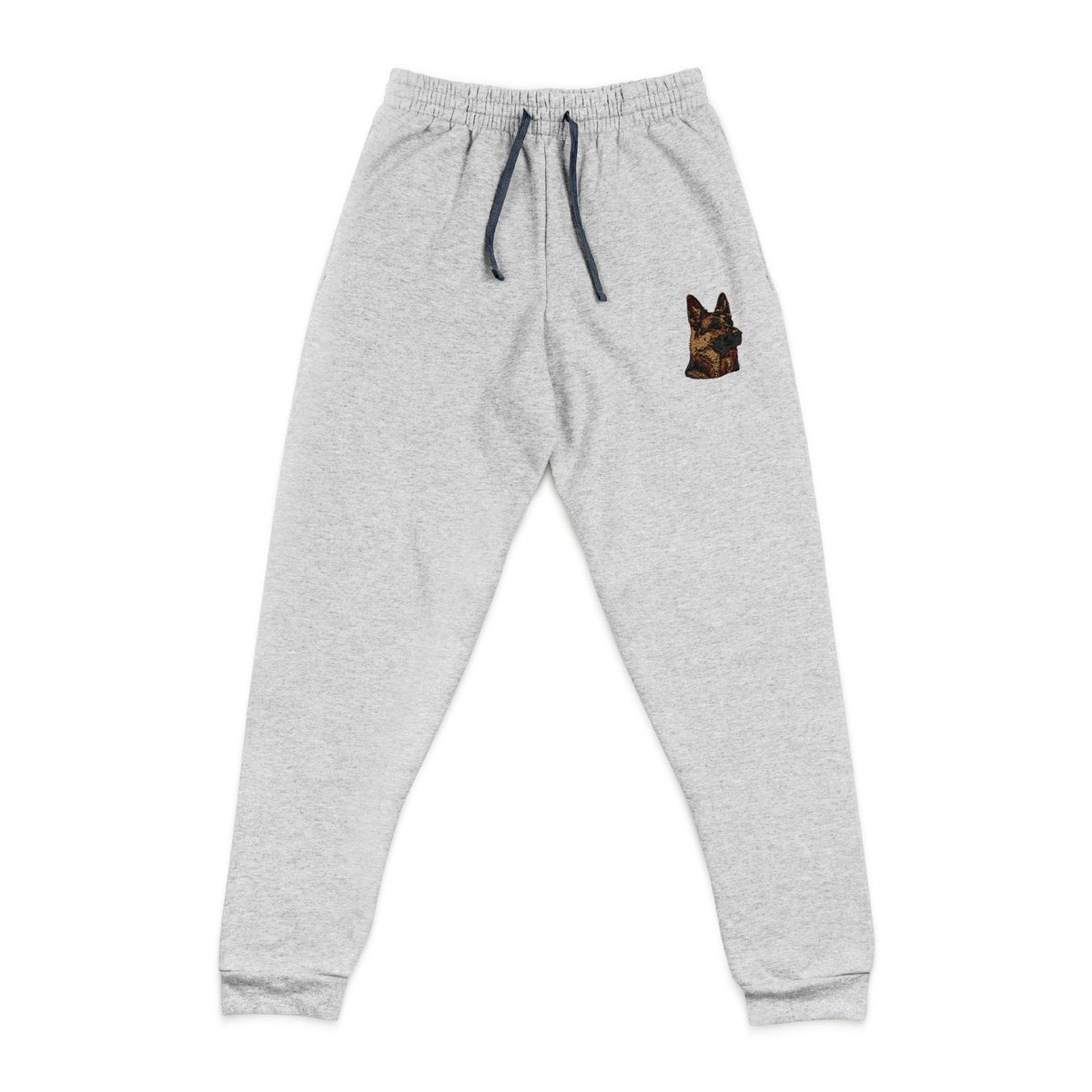 ight heather gray jogger pants with a dark gray drawstring and a small embroidered German Shepherd dog image