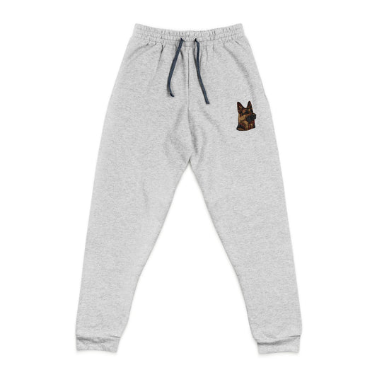 ight heather gray jogger pants with a dark gray drawstring and a small embroidered German Shepherd dog image