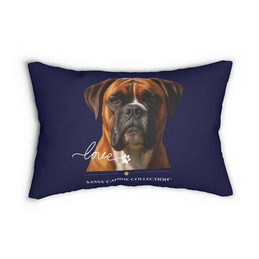 A 14x20 lumbar pillow featuring a Boxer dog with the word 'love' in white script and 'Sassy Cane Collection' text below.