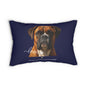 A 14x20 lumbar pillow featuring a Boxer dog with the word 'love' in white script and 'Sassy Cane Collection' text below.