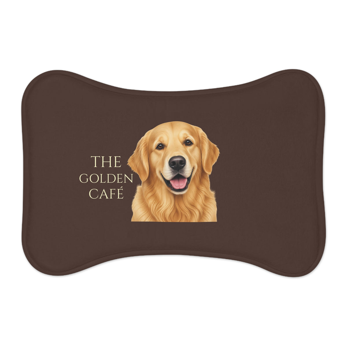 A dark brown bone-pet feeding mat featuring a Golden Retriever and the text 'THE GOLDEN CAFE' 