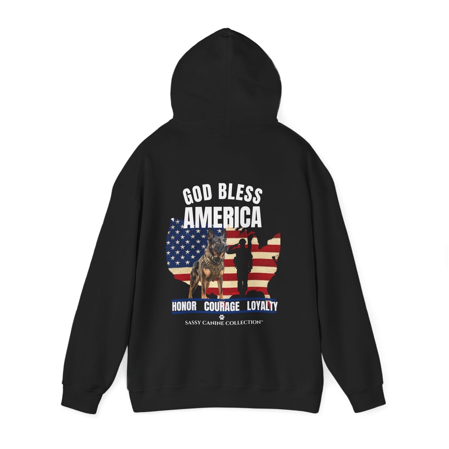 A black pullover hoodie shown from the back, featuring a patriotic graphic with the text 'GOD BLESS AMERICA' and 'HONOR COURAGE LOYALTY'. The graphic includes a silhouette of a soldier, a German Shepherd, and a USA map outline filled with the American flag.