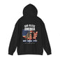 A black pullover hoodie shown from the back, featuring a patriotic graphic with the text 'GOD BLESS AMERICA' and 'HONOR COURAGE LOYALTY'. The graphic includes a silhouette of a soldier, a German Shepherd, and a USA map outline filled with the American flag.