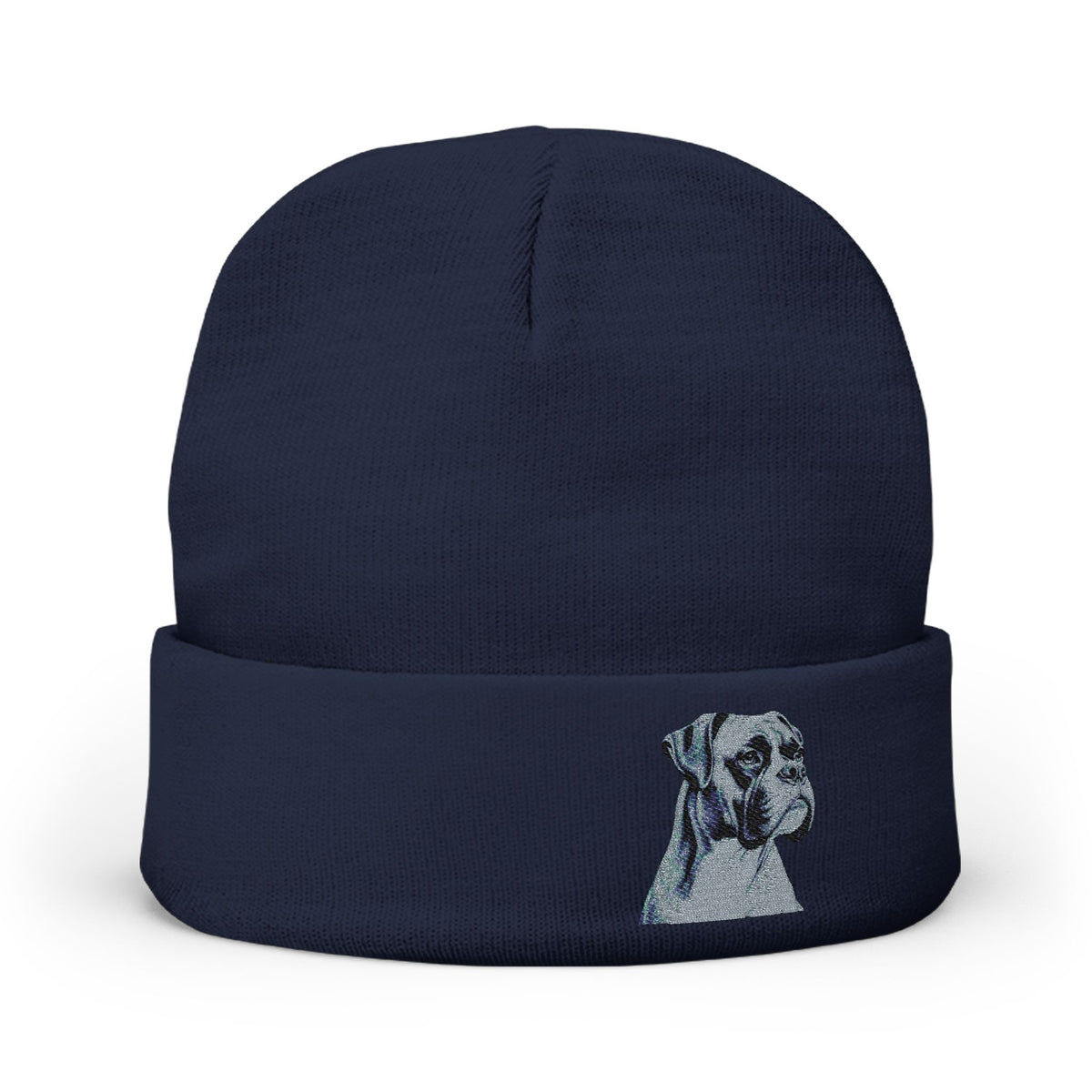  navy blue knit beanie hat with a folded cuff, featuring a light blue and white embroidered  Boxer