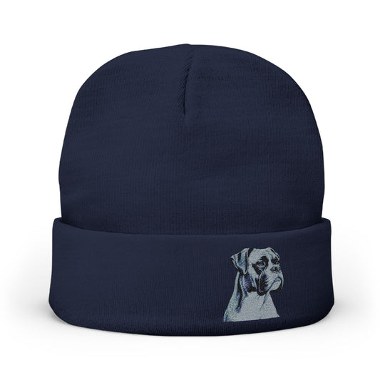 navy blue knit beanie hat with a folded cuff, featuring a light blue and white embroidered  Boxer