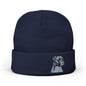  navy blue knit beanie hat with a folded cuff, featuring a light blue and white embroidered  Boxer