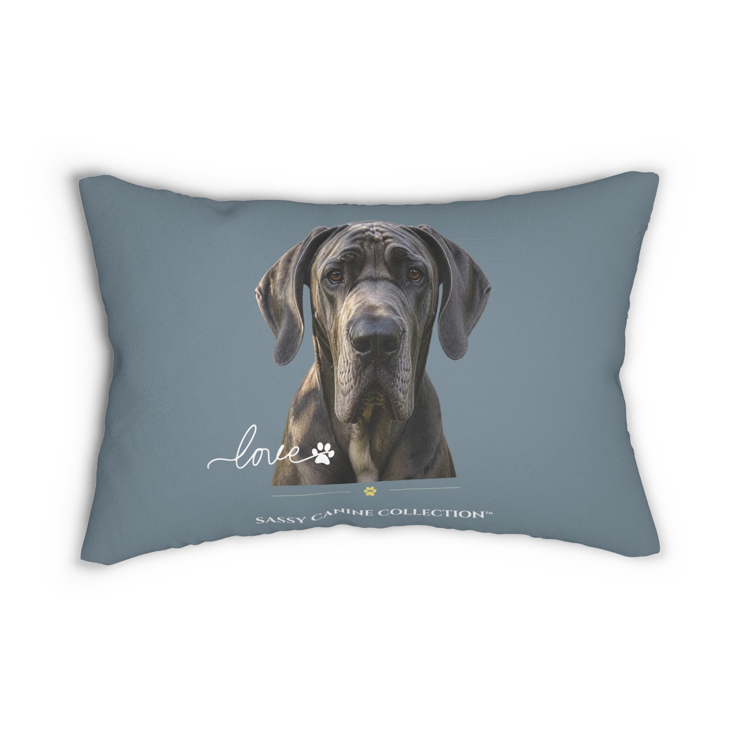 A throw pillow in slate blue with a portrait of a Great Dane dog and the text 'love' and 'Sassy Canine Collection' 