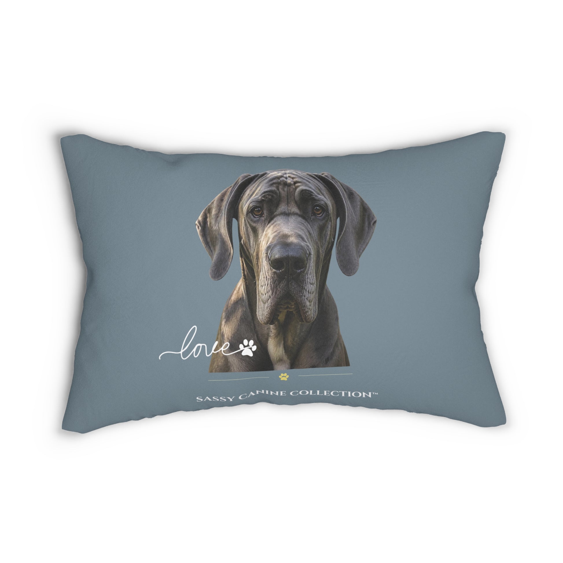 A throw pillow in slate blue with a portrait of a Great Dane dog and the text 'love' and 'Sassy Canine Collection' 