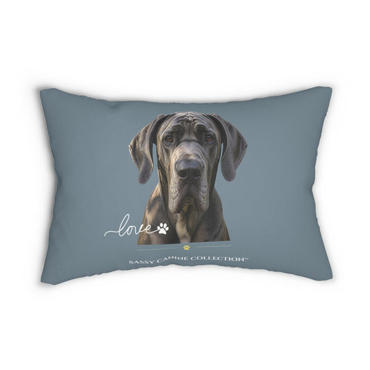 A throw pillow in slate blue with a portrait of a Great Dane dog and the text 'love' and 'Sassy Canine Collection' 