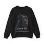 A black crewneck sweatshirt featuring a graphic print of a black Italian Cane dog with orange eyes, accompanied by the text 'love' and 'SASSY CANINE COLLECTION' on a white background.