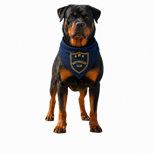A Rottweiler dog standing  wearing a navy blue bandana with a gold shield logo that reads 'ROTTEWILDER CLUB'.