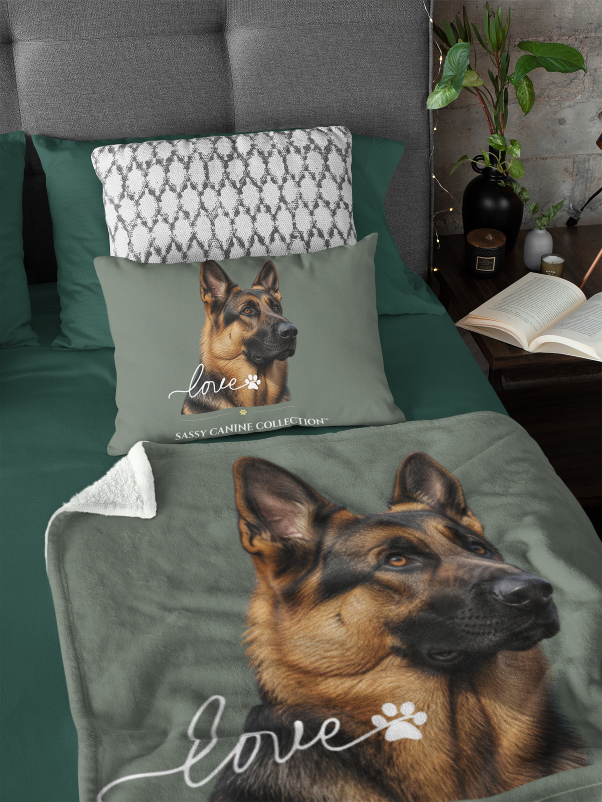 A pet-themed bedding set displayed on a bed, featuring a large German Shepherd image on the blanket, a matching pillowcase (matching pillow sold separately) with the text 'Love Sassy Catline Collection'