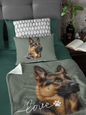 A pet-themed bedding set displayed on a bed, featuring a large German Shepherd image on the blanket, a matching pillowcase (matching pillow sold separately) with the text 'Love Sassy Catline Collection'