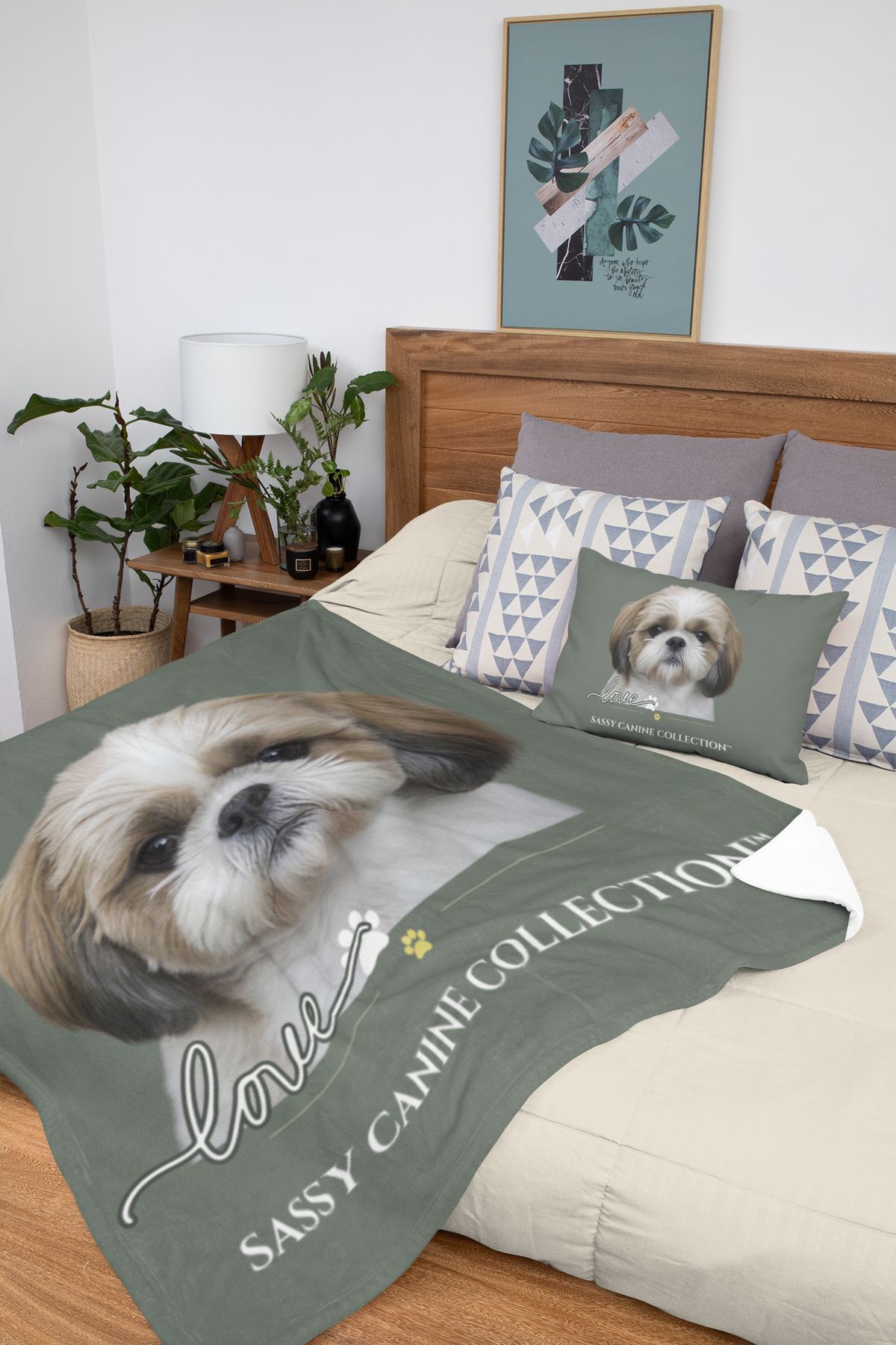 A custom pet blanket and matching pillow set featuring a Shih Tzu dog (pillow and blanket sold separately.)