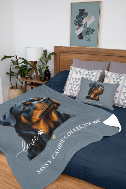 blanket and matching pillow set (sold separately) with a large portrait of a Rottweiler and the text 'love SASSY CANINE COLLECTION'