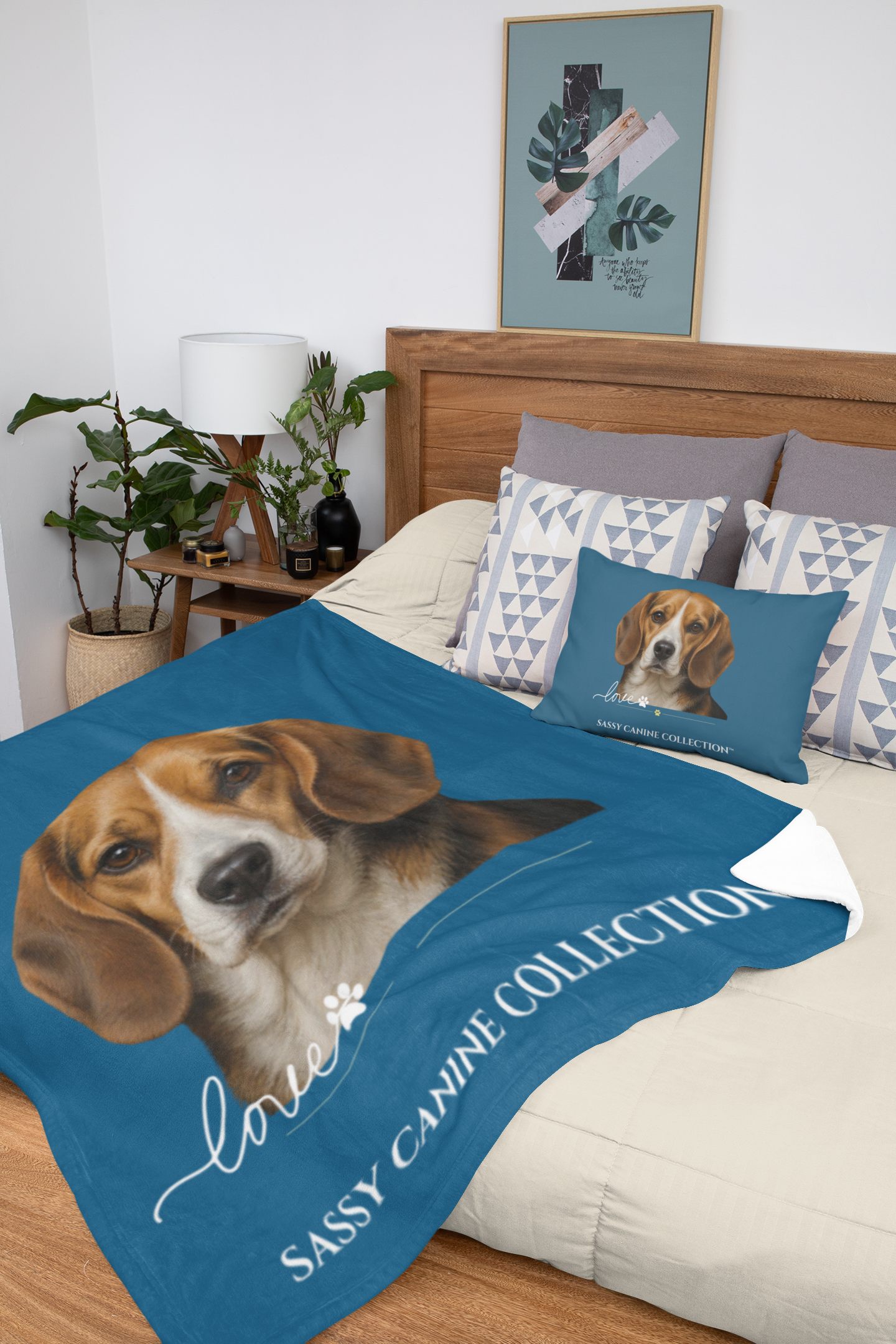 blue throw blanket featuring a large beagle portrait and the text 'love SASSY CANINE COLLECTION' (pillow sold separately)