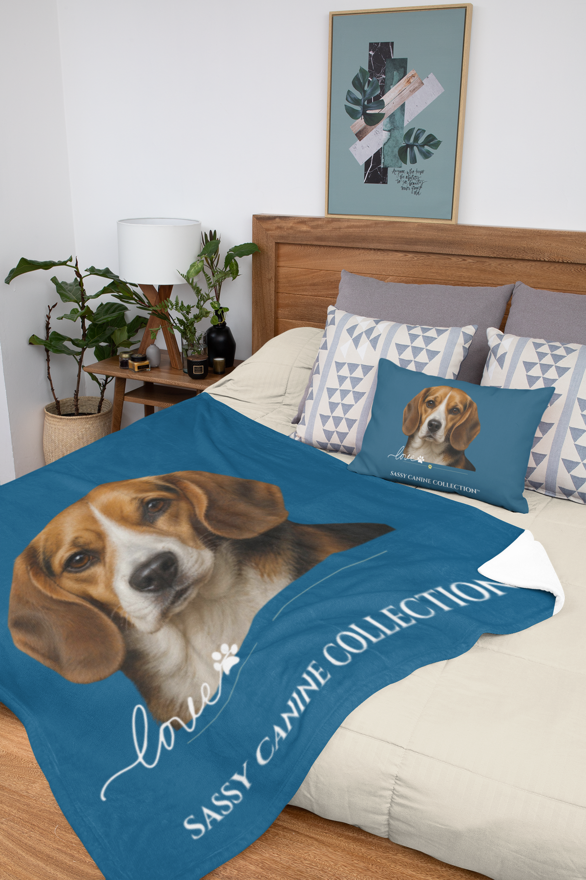blue throw blanket featuring a large beagle portrait and the text 'love SASSY CANINE COLLECTION' (pillow sold separately)