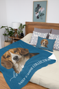 blue throw blanket featuring a large beagle portrait and the text 'love SASSY CANINE COLLECTION' (pillow sold separately)