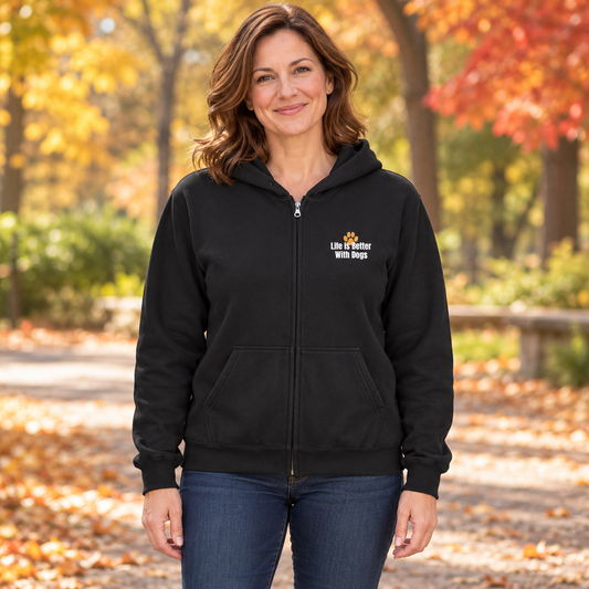 black zip-up hoodie with 'Life is Worth With Dogs' and a golden retriever paw print embroidered