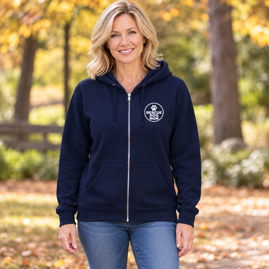 navy blue zip-up hoodie with a white circular Rescue Dog Mom logo on the left chest,