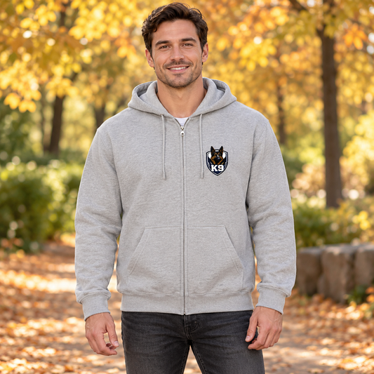 light gray zip-up hoodie with a black and white German Shepherd and the letters 'K9'  embroidered on the left chest