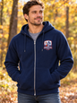 navy blue zip-up hoodie with a Working Dog embroidered graphic on the left chest