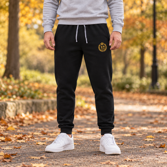  black jogger sweatpants with a small K9 Club gold crest logo on the left thigh