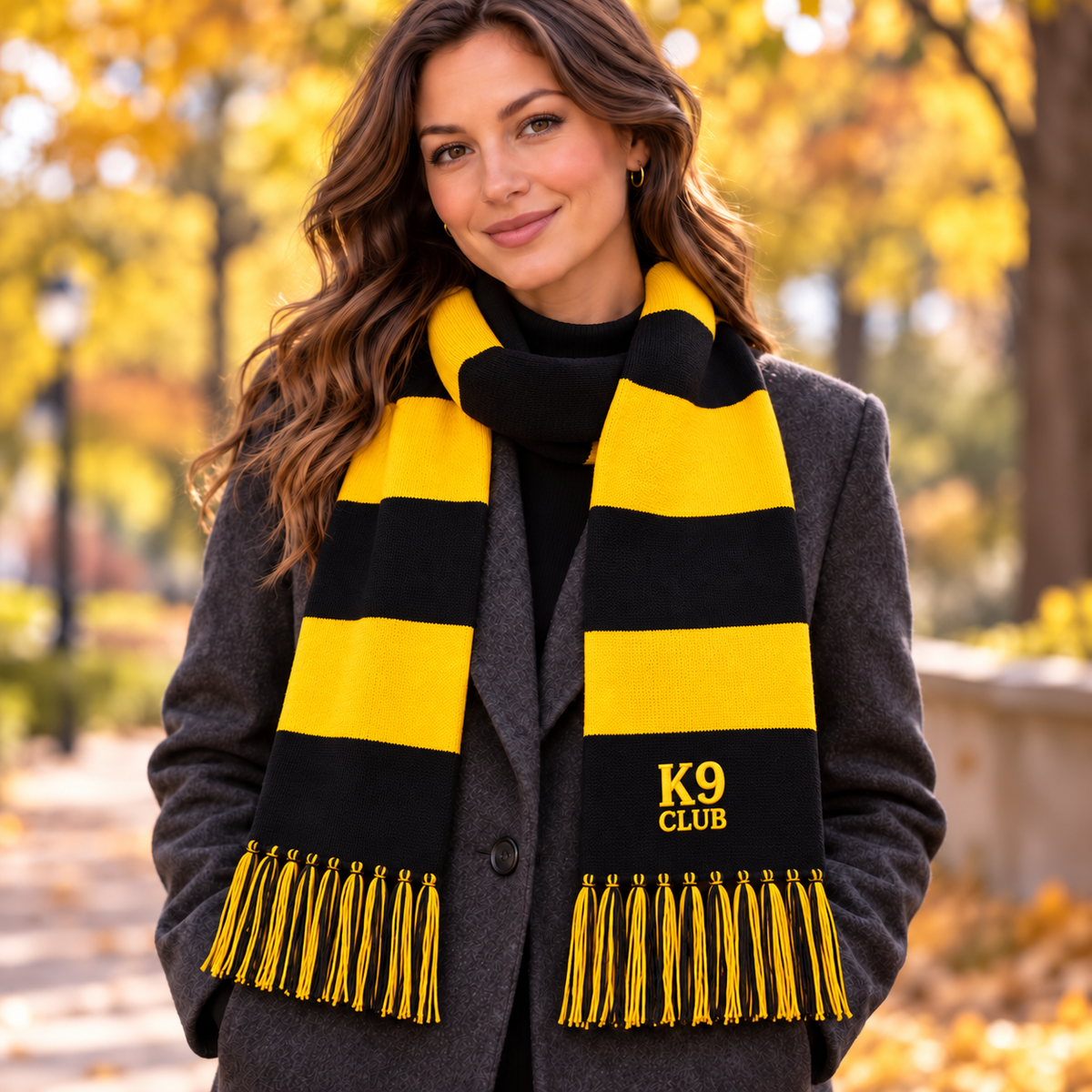  black and yellow striped scarf with 'K9 CLUB' embroidered on the corner