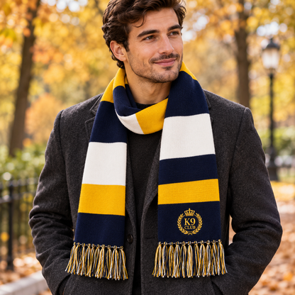 navy, yellow, and white striped knit scarf with gold fringe and a crest logo
