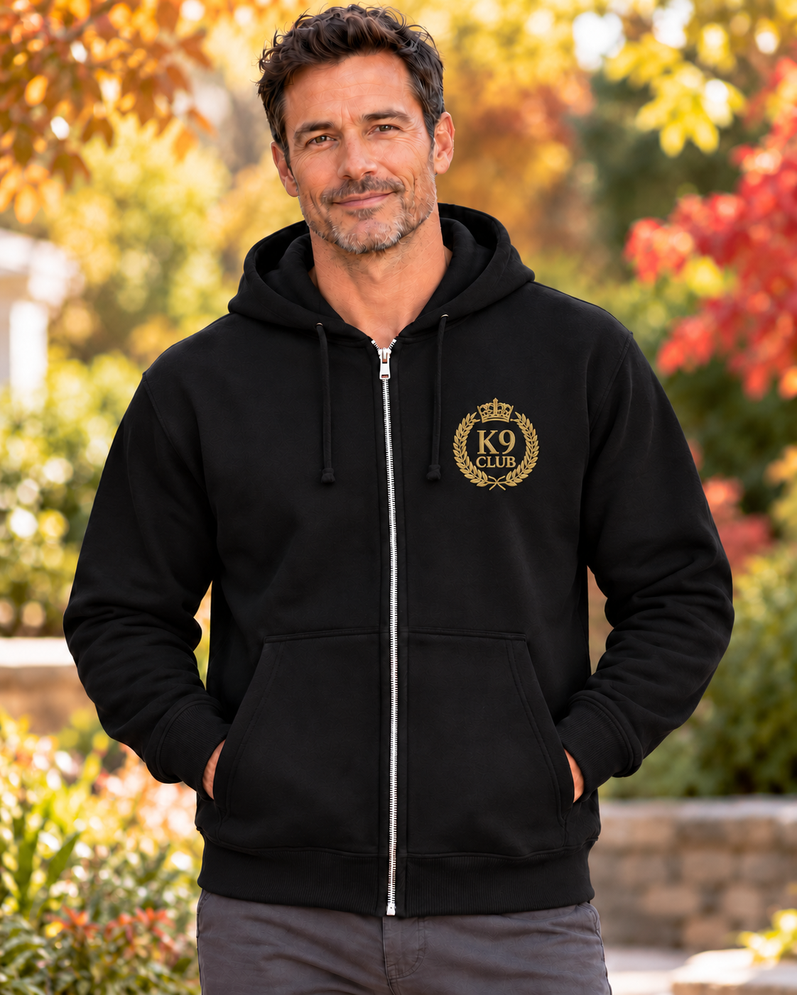  black zip-up hoodie with a gold K9 Club crest embroidered on the left chest.