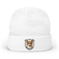 A white knit cuffed beanie hat featuring a small embroidered shield logo on the front cuff with a corgi illustration and the word 'CORGI'.
