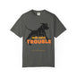 A dark gray crewneck t-shirt featuring a black silhouette of a pitbull-type dog and the text 'HERE COMES TROUBLE' in orange and yellow, with 'SABY CARNIB COLLECTIONS' printed below.