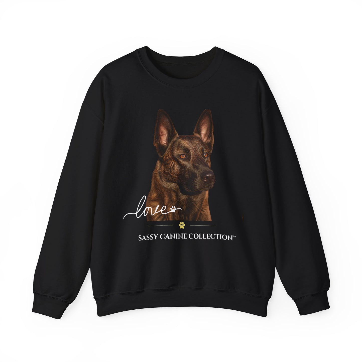 A black crewneck sweatshirt featuring a graphic print of a German Shepherd dog with the text 'love' and 'SASSY CANINE COLLECTION' on the front, displayed against a solid white background.
