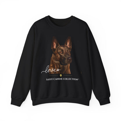 A black crewneck sweatshirt featuring a graphic print of a German Shepherd dog with the text 'love' and 'SASSY CANINE COLLECTION' on the front, displayed against a solid white background.