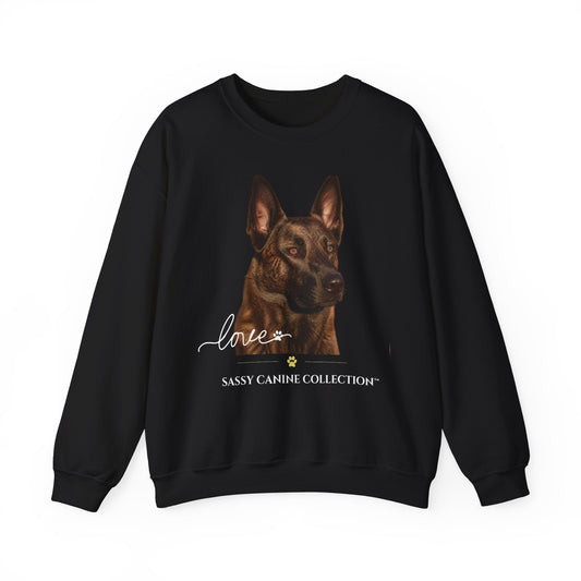 A black crewneck sweatshirt featuring a graphic print of a German Shepherd dog with the text 'love' and 'SASSY CANINE COLLECTION' on the front, displayed against a solid white background.