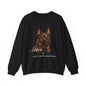 A black crewneck sweatshirt featuring a graphic print of a German Shepherd dog with the text 'love' and 'SASSY CANINE COLLECTION' on the front, displayed against a solid white background.