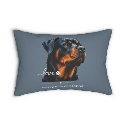 decorative pillow in slate blue with a portrait of a Rottweiler dog, the word 'love' in white script, a paw print, and the text 'SASSY CANINE COLLECTION