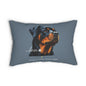decorative pillow in slate blue with a portrait of a Rottweiler dog, the word 'love' in white script, a paw print, and the text 'SASSY CANINE COLLECTION