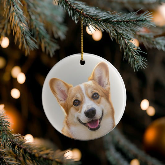 A round ceramic Christmas ornament featuring a printed portrait of a Corgi dog
